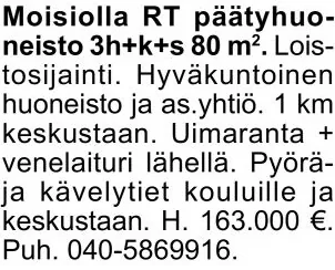 Myydään: rivitalohuoneisto Moisiolla